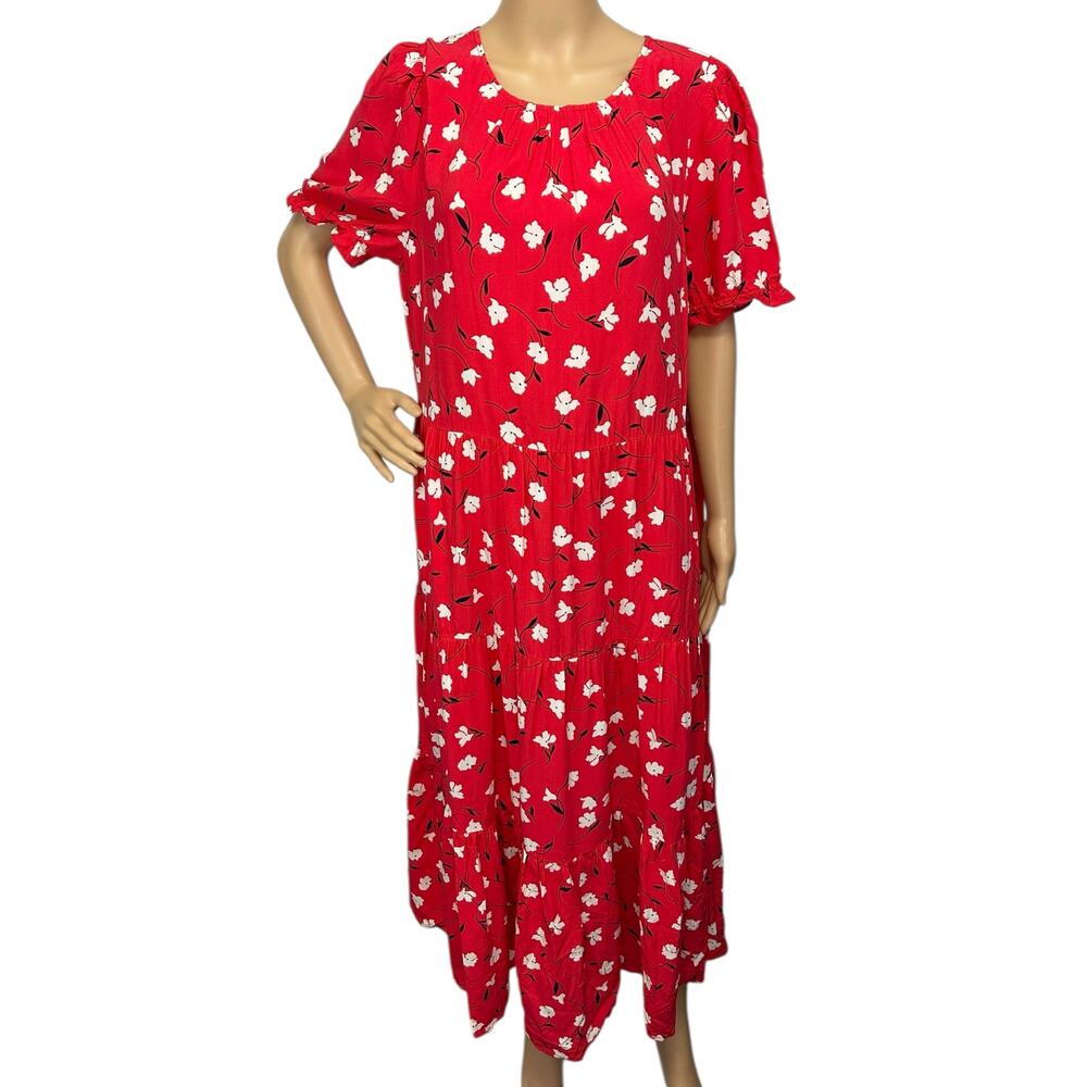 J. Crew Floral Puff-Sleeve Tiered Midi Dress Red BF865 Size L - Picture 5 of 14